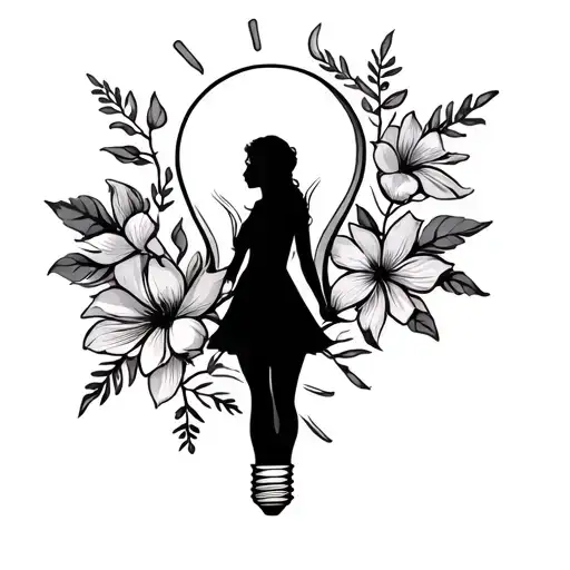 light bulb, flowers, lady silhoette standing tattoo design idea