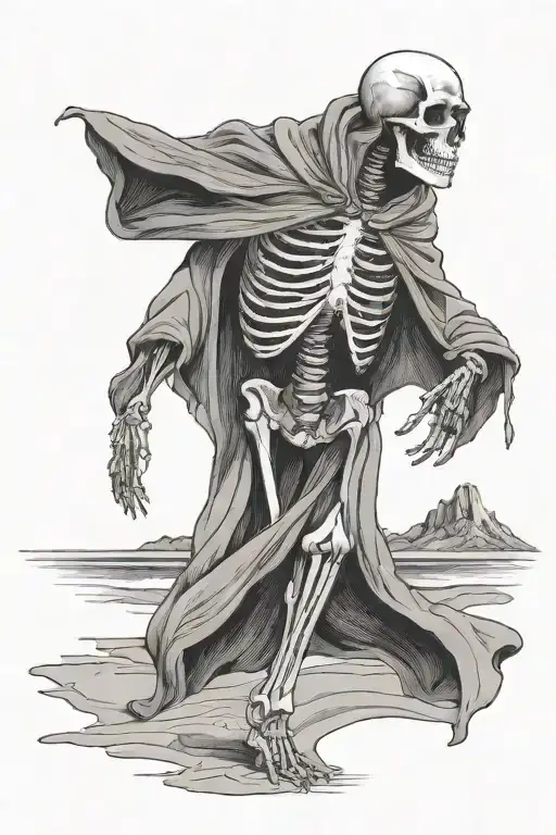 skeleton in a cloak walking along a beach with tornados in the background  tattoo design idea