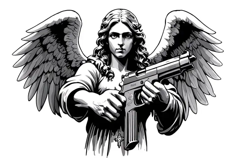 angel holding handgun with extended mag and other hand a cross tattoo design idea