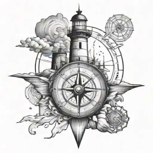 compass and lighthouse standing tall tattoo design idea