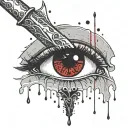 A sword blade that shows the reflection of half the face of a sad woman, with drops of blood under her eyes, with gothic tattoo design idea