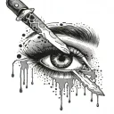 A sword blade that shows the reflection of half the face of a sad woman, with drops of blood under her eyes, with gothic tattoo design idea