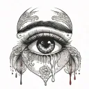 A sword blade that shows the reflection of half the face of a sad woman, with drops of blood under her eyes, with gothic tattoo design idea