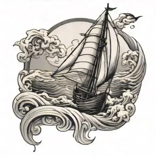 feminine waves and sail boat sailing tattoo design idea