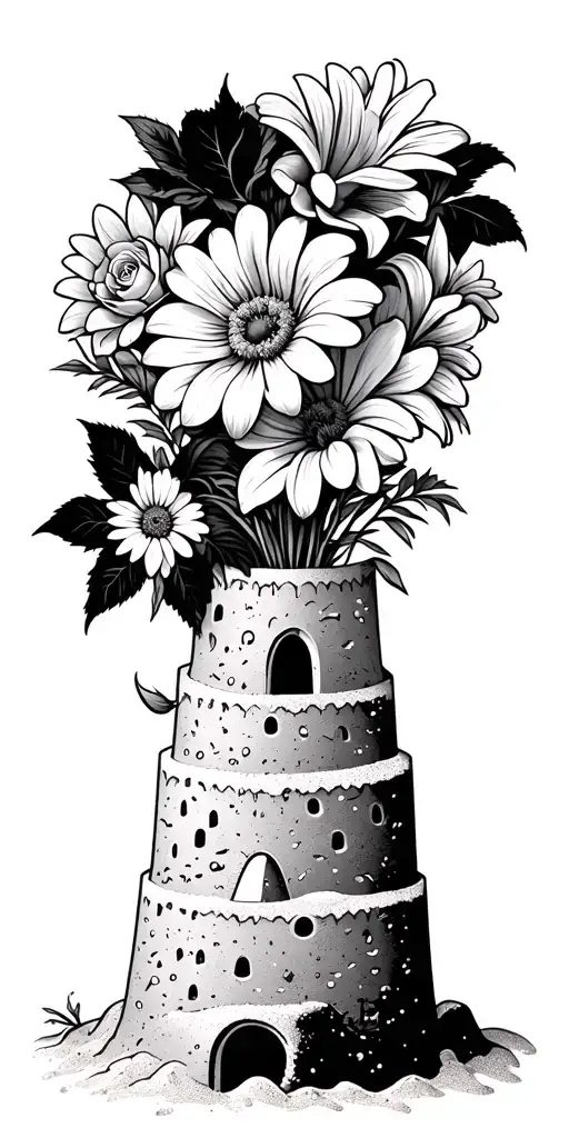 A beautiful bouquet of roses, daisies, and lilies arranged in a beach sandcastle tattoo design idea