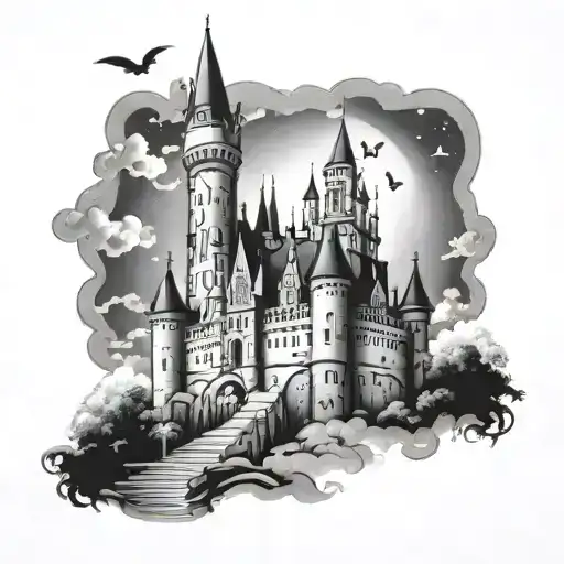 Disney castle with peter pan flying tattoo design idea