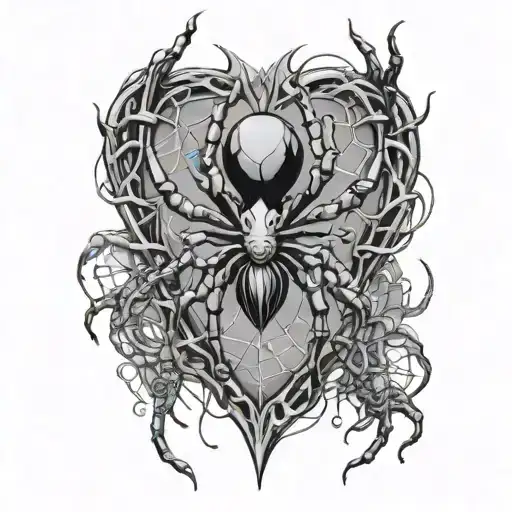 spider hanging from web patterning surrounding a heart and the fingers are going to be human skeletons  tattoo design idea