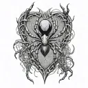 spider hanging from web patterning surrounding a heart and the fingers are going to be human skeletons  tattoo design idea