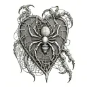 spider hanging from web patterning surrounding a heart and the fingers are going to be human skeletons  tattoo design idea