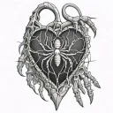 spider hanging from web patterning surrounding a heart and the fingers are going to be human skeletons  tattoo design idea