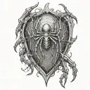 spider hanging from web patterning surrounding a heart and the fingers are going to be human skeletons  tattoo design idea