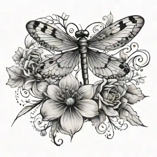 dragonfly with the words "everything happens for a reason" and flowers tattoo design idea