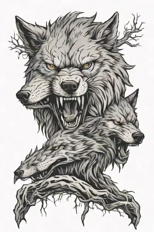 tree wolves face angry  tattoo design idea