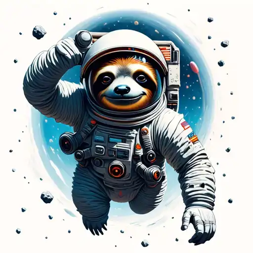 A space sloth astronaut floating through and asteroid belt  tattoo design idea