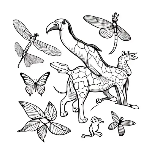 Macaw, lion, elephant, giraffe, dragonfly, toucan, butterfly, monkey, turtle, dolphin tattoo design idea