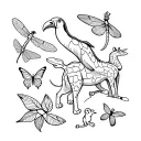Macaw, lion, elephant, giraffe, dragonfly, toucan, butterfly, monkey, turtle, dolphin tattoo design idea