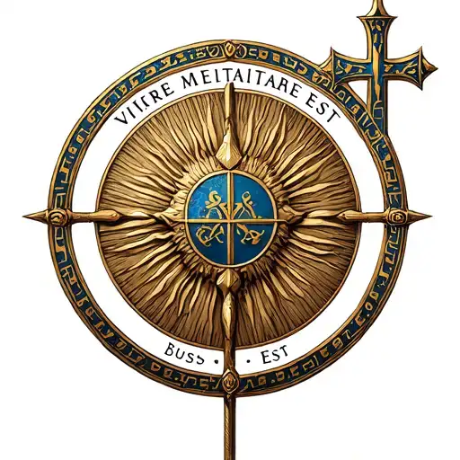 ancient greek shield circle.with armenian symbol suncross. and in the middle the inscription "vivere militare est "  tattoo design idea