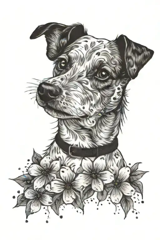 scruffy jack russell terrier with forget me not flowers   tattoo design idea