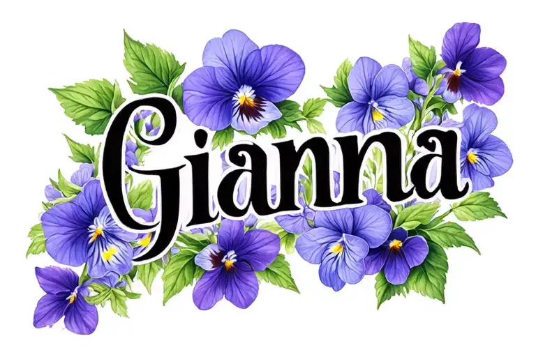 The name Gianna in a script gothic font overtop of a group of Violets tattoo design idea