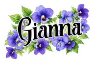 The name Gianna in a script gothic font overtop of a group of Violets tattoo design idea