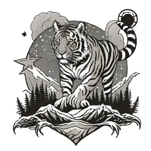 snow on top of a mountain with full body tiny tigress and 8 stars tattoo design idea
