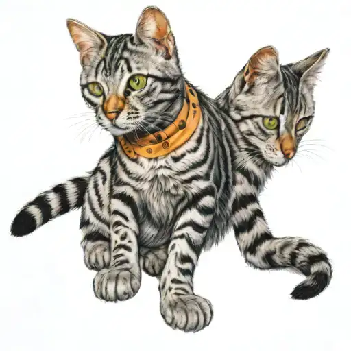 skinny female tabby cat, short hair, white hair on belly and chest, orange spot on head,, white paws. tattoo design idea