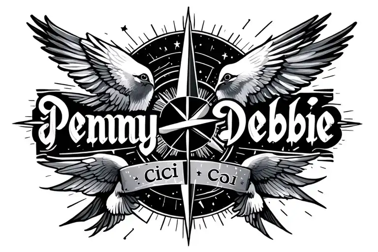 "Penny, Cici, Debbie" traditional swallows, naval compass, northern stars shining tattoo design idea
