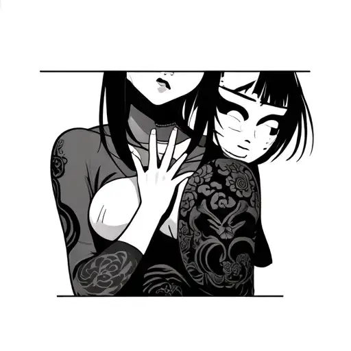 anime girl holds a japanese mask in her hand, covers her chest with her hand, eyes and mouth half open tattoo design idea