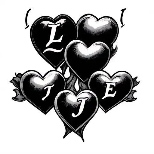 three hearts with the initials L, J, E tattoo design idea