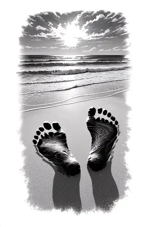 footprints in the sand last verse with sons footprint in a beach scene, half sleve tattoo design idea