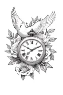 dove with a pocket watch and roses tattoo design idea