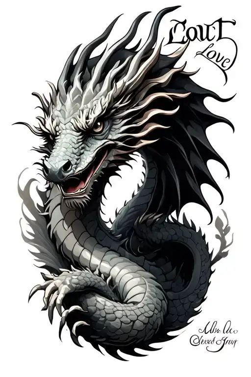 Lowt loved one with dragon, date, and name tattoo design idea