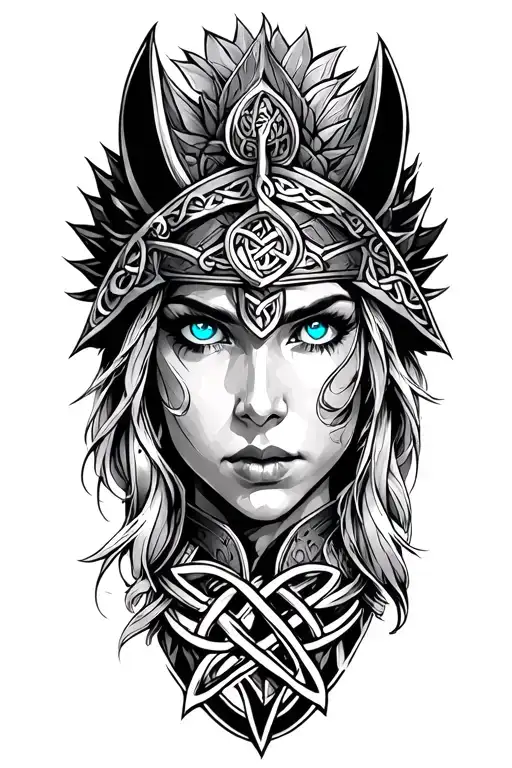 Valkyrie with blue eyes on armor tattoo design featuring Celtic trinity knot  tattoo design idea
