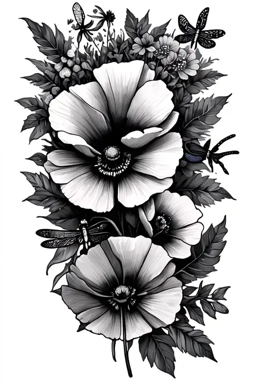 a garden-themed arm sleeve tattoo featuring february april july december birth flowers, poppies, dragonflies tattoo design idea