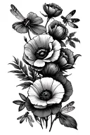 a garden-themed arm sleeve tattoo featuring february april july december birth flowers, poppies, dragonflies tattoo design idea