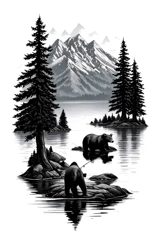 Mountains trees lake bears fishing tattoo design idea
