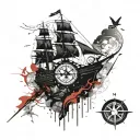 ship silhouette, old navigation map, compass,sea tattoo design idea