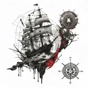 ship silhouette, old navigation map, compass,sea tattoo design idea
