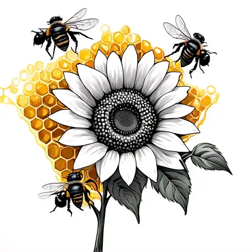 a honey comb with bees and a single sunflower strategically placed  tattoo design idea