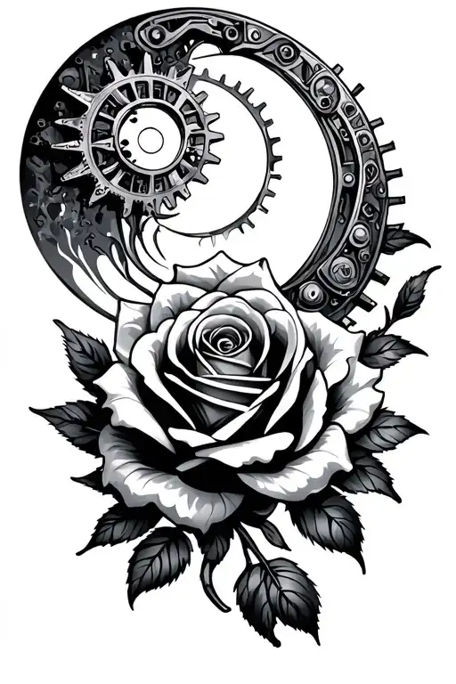 Rose, Sun Moon with metal mechanical gears tattoo design idea