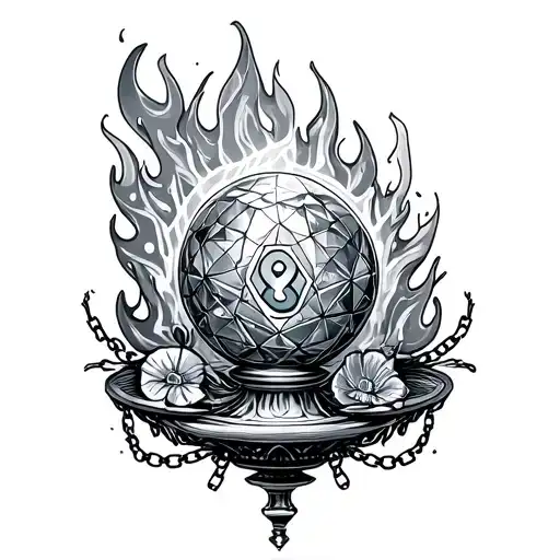 FOREarm band geometric pattern of ice, flame, then into a prize, ball, chain, magic 8, siren, saint, fruit, pedestal tattoo design idea