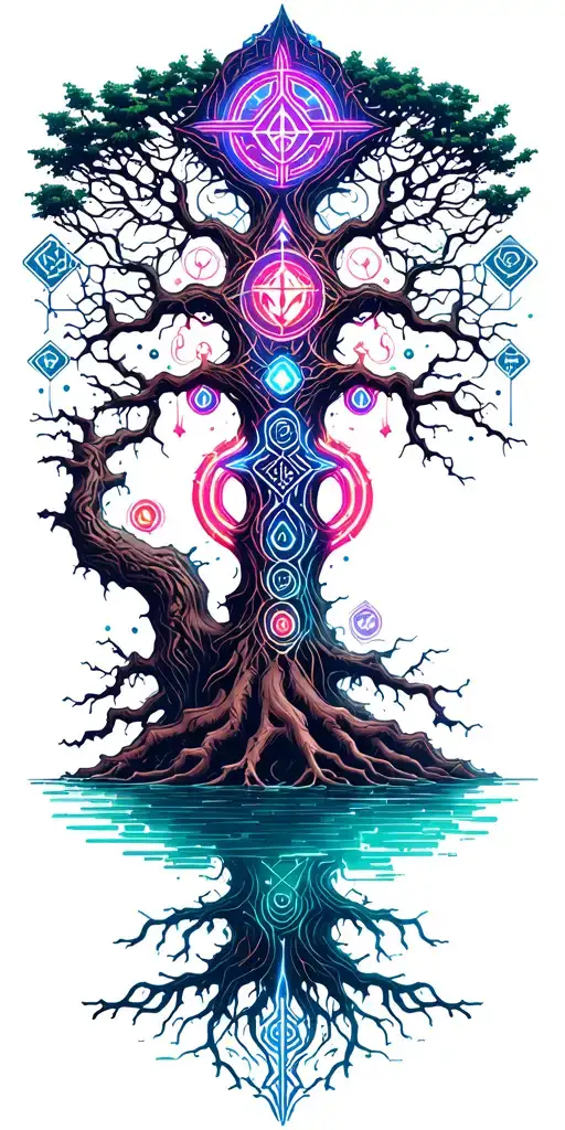 Irish tree of life with roots growing into a lake tattoo design idea