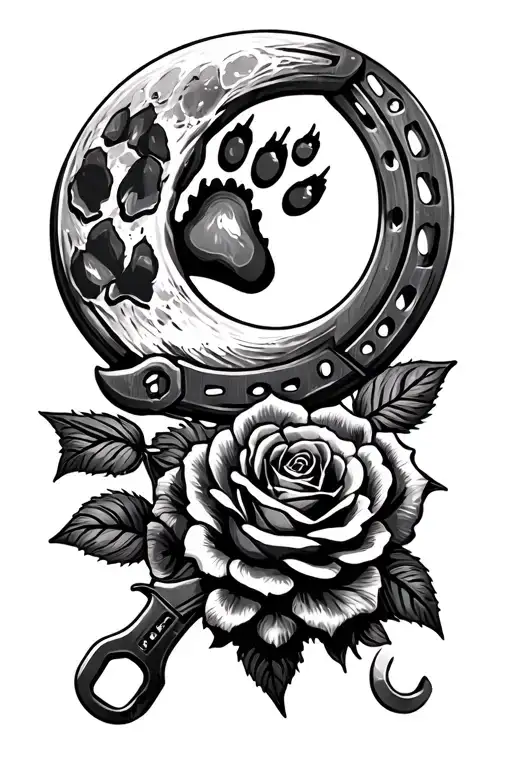 moon and paw print and horseshoe and roses and wrench tattoo design idea
