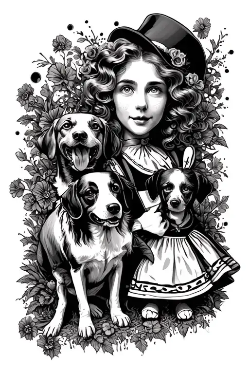 you're not in Kansas anymore with bullet holes, barking dogs, and Alice in wonderland tattoo design idea