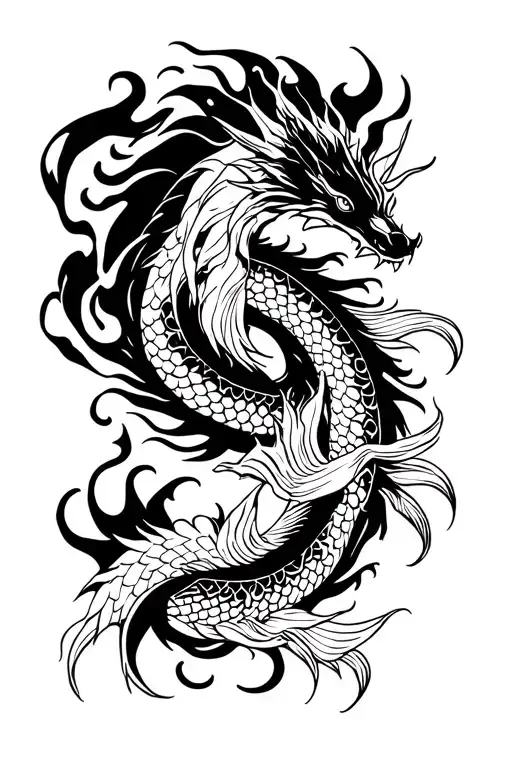 one fire dragon and one water koi fish tattoo design idea
