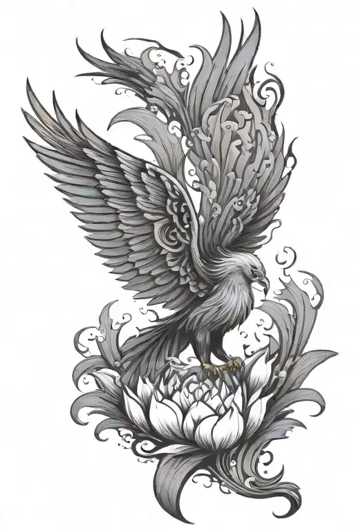 phoenix rising from the ashes symbolizing rebirth , lotus  tattoo design idea