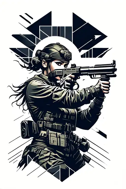 Female soldier shooting in battle scene tattoo design idea