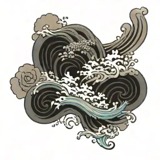 botanical tattoo with waves and clouds tattoo design idea