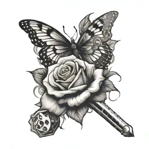 rose, butterfly, sword, dice rolling tattoo design idea