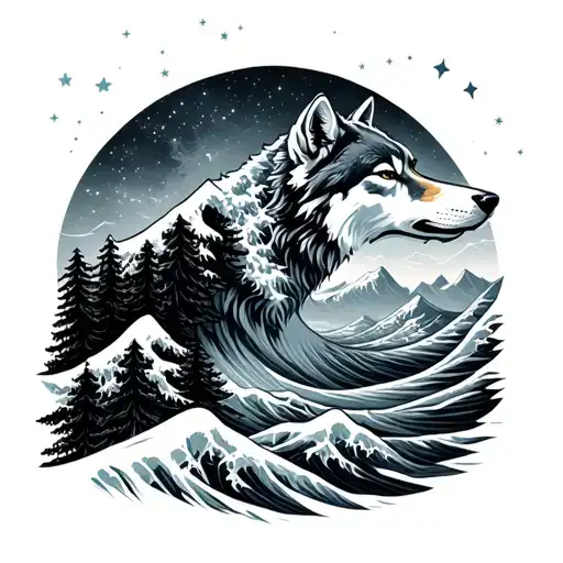 universe becomes a wave, wolf, Trees and a mount everest, lost souls, family tee, long route, stars and universe  tattoo design idea
